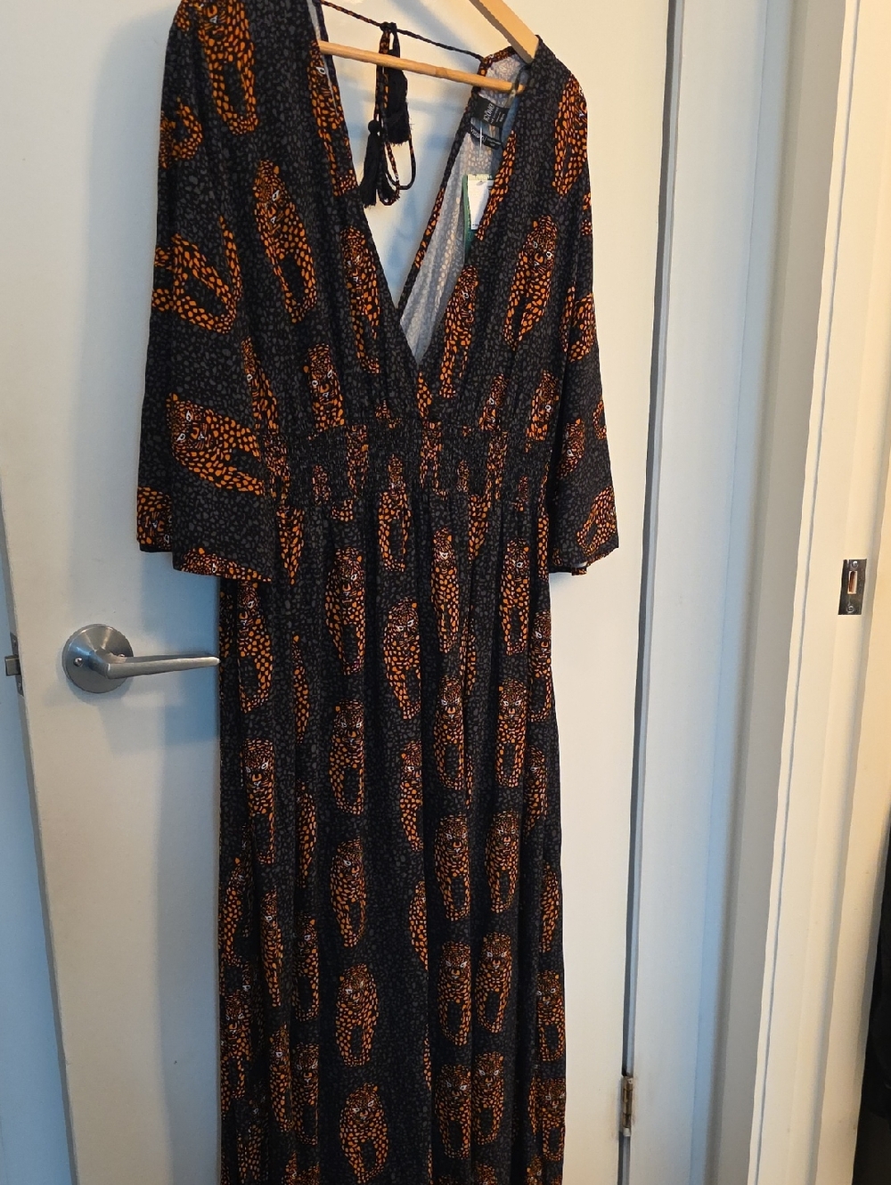 Simons Black Maxi Dress with Orange Abstract Print NWT